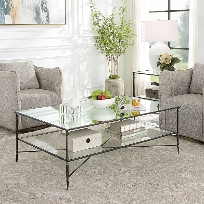 Henzler 136 W x 48 H x 86 D Black Rectangle Coffee Table with Mirror Top Coffee Tables| Uttermost