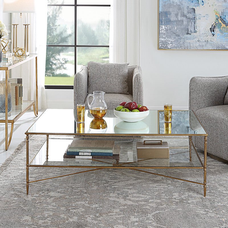 Henzler 136 W x 48 H x 86 D Gold Rectangle Coffee Table with Mirror Top Coffee Tables| Uttermost