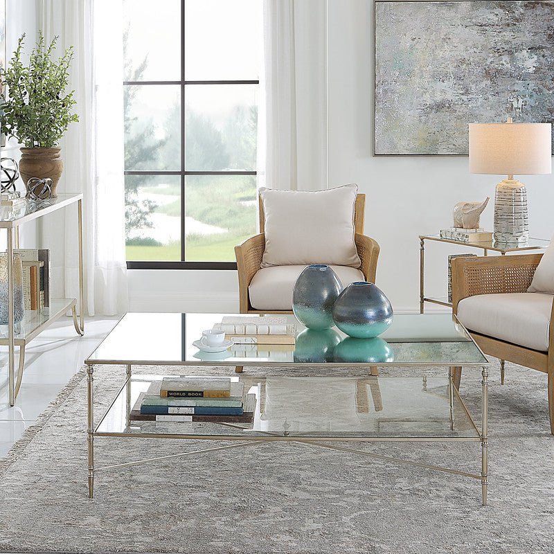 Henzler 136 W x 48 H x 86 D Silver Rectangle Coffee Table with Mirror Top Coffee Tables| Uttermost