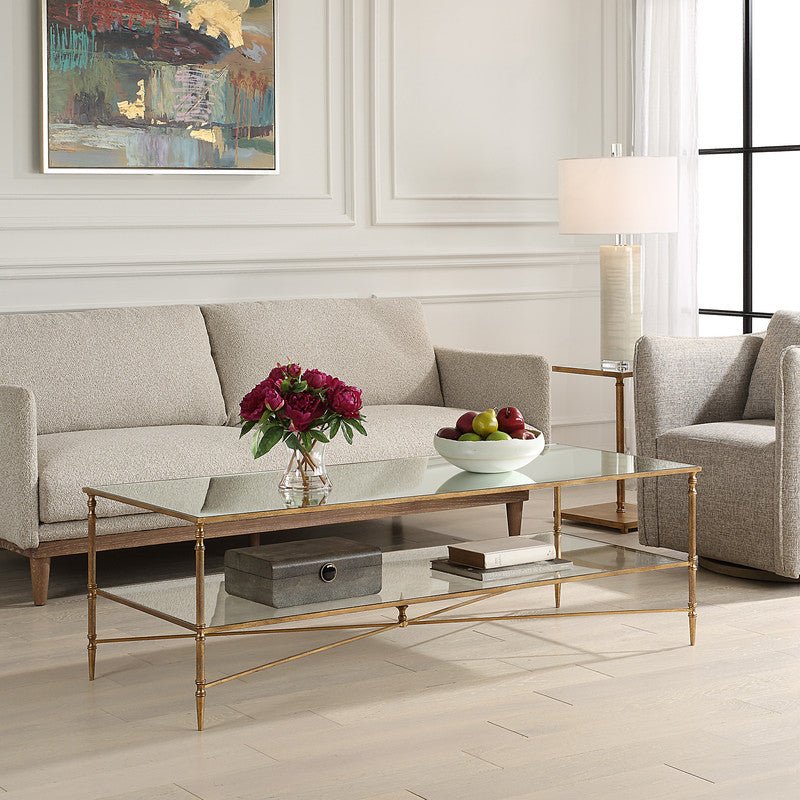 Henzler 151 W x 48 H x 60 D Gold Rectangle Coffee Table with Mirror Top Coffee Tables| Uttermost