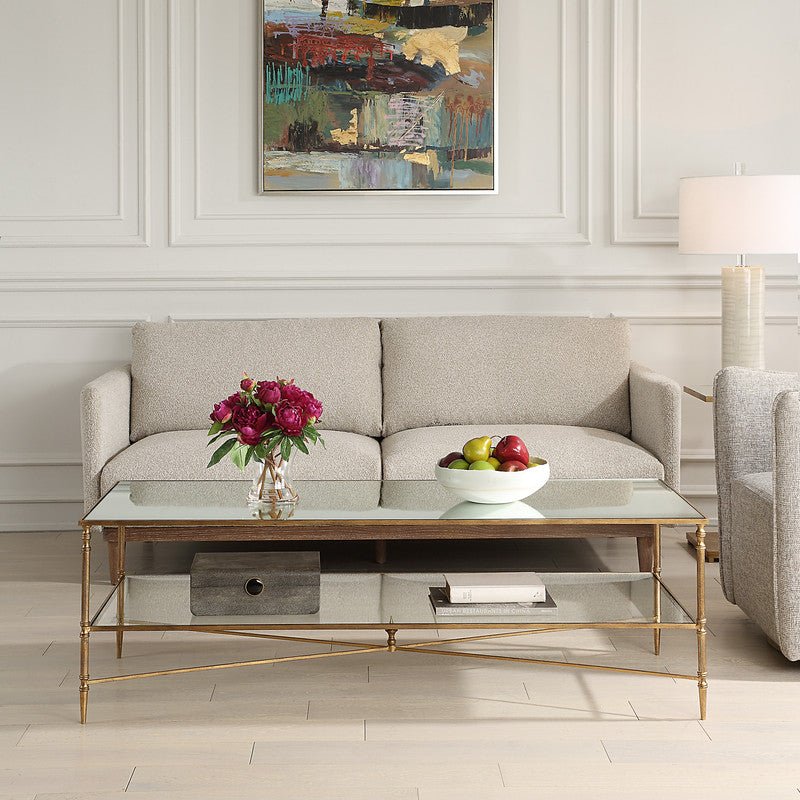 Henzler 151 W x 48 H x 60 D Gold Rectangle Coffee Table with Mirror Top Coffee Tables| Uttermost