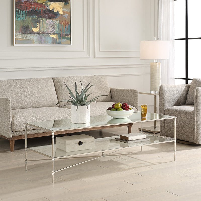Henzler 151 W x 48 H x 60 D Silver Rectangle Coffee Table with Mirror Top Coffee Tables| Uttermost