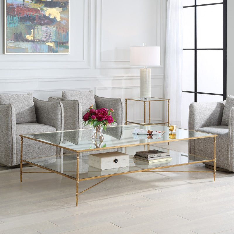Henzler 169 W x 48 H x 108 D Gold Rectangle Coffee Table with Mirror Top Coffee Tables| Uttermost