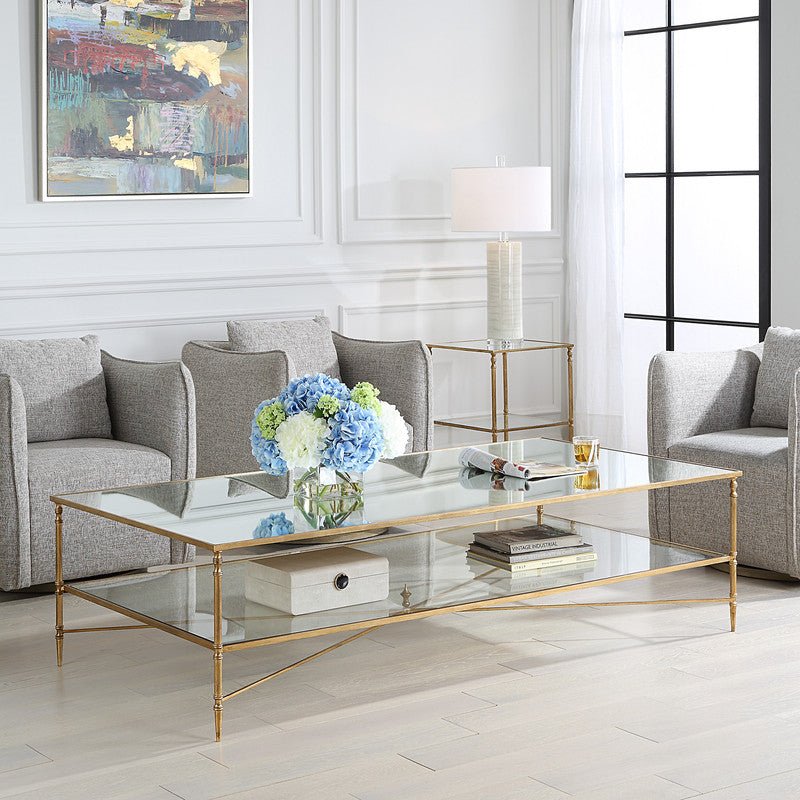 Henzler 181 W x 48 H x 91 D Gold Rectangle Coffee Table with Mirror Top Coffee Tables| Uttermost