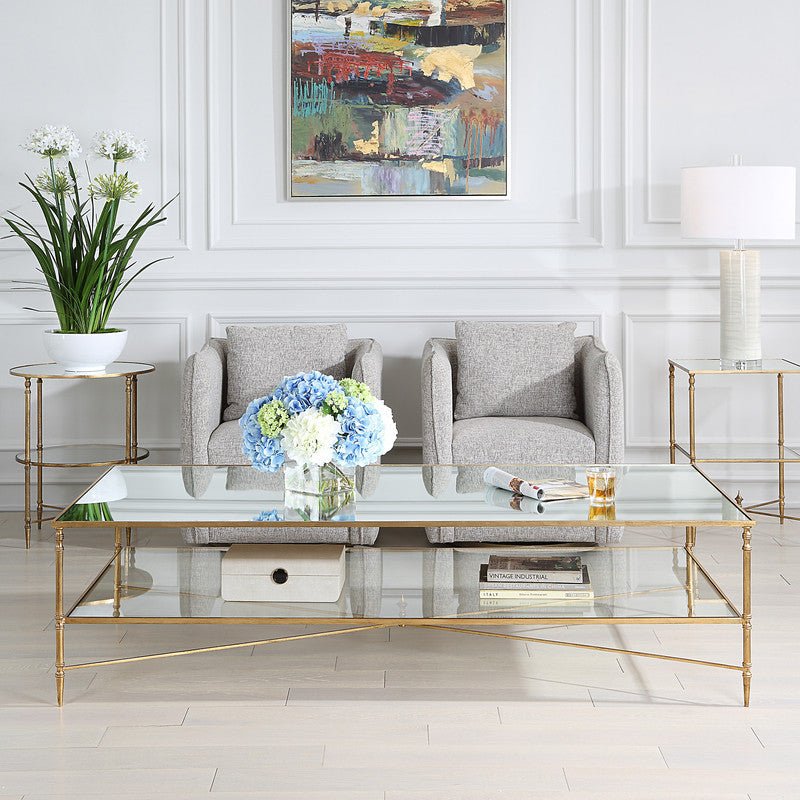 Henzler 181 W x 48 H x 91 D Gold Rectangle Coffee Table with Mirror Top Coffee Tables| Uttermost