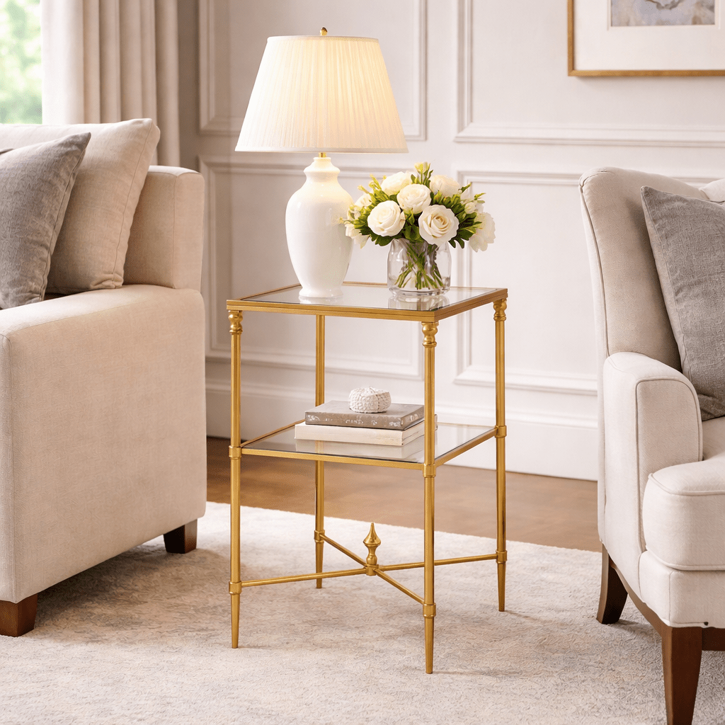 Henzler 33 W x 63 H x 33 D Gold Square Accent Table with Glass Top Accent & End Tables| Uttermost
