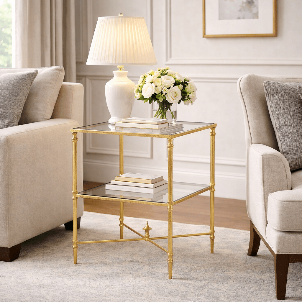Henzler 65 W x 66 H x 45 D Gold Rectangle End Table with Glass Top Accent & End Tables| Uttermost