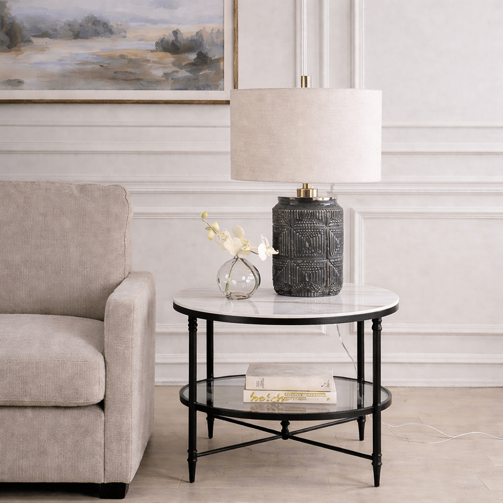 Henzler 68 W x 66 H x 68 D Black Round End Table with Marble Top Accent & End Tables| Uttermost