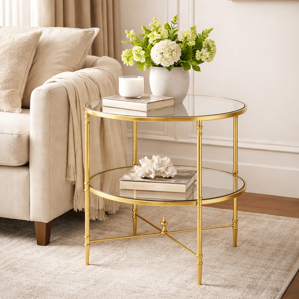 Henzler 68 W x 66 H x 68 D Gold Round End Table with Glass Top Accent & End Tables| Uttermost