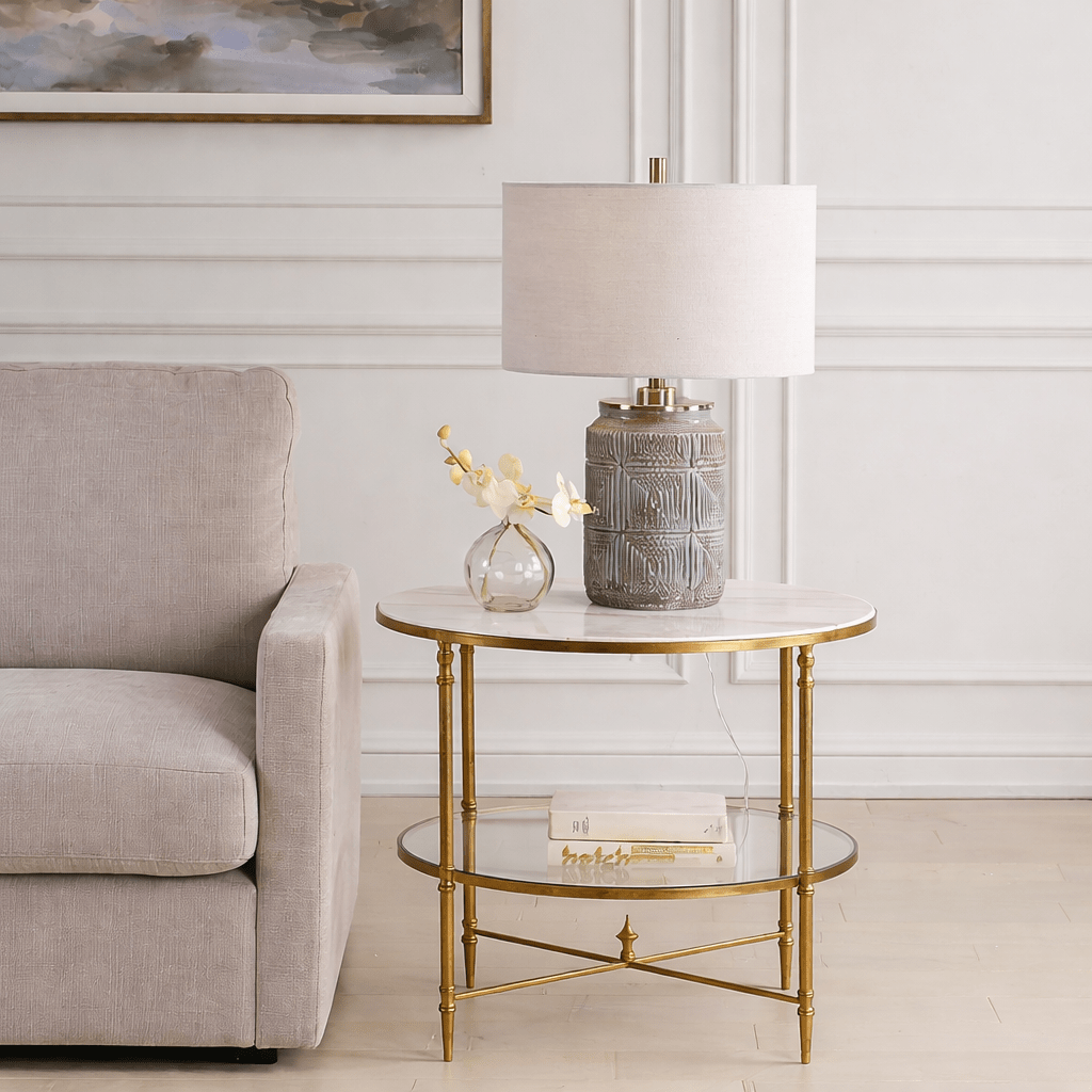 Henzler 68 W x 66 H x 68 D Gold Round End Table with Marble Top Accent & End Tables| Uttermost