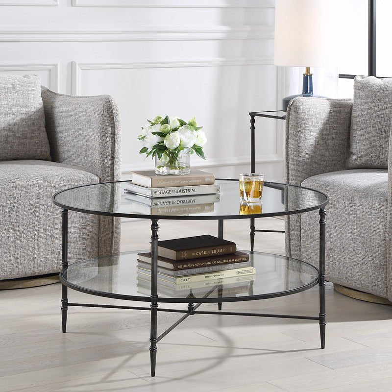 Henzler 91 W x 48 H x 91 D Black Round Coffee Table with Mirror Top Coffee Tables| Uttermost