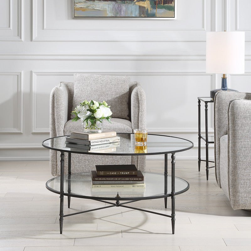 Henzler 91 W x 48 H x 91 D Black Round Coffee Table with Mirror Top Coffee Tables| Uttermost