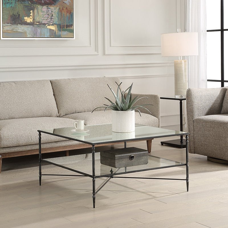 Henzler 91 W x 48 H x 91 D Black Square Coffee Table with Mirror Top Coffee Tables| Uttermost