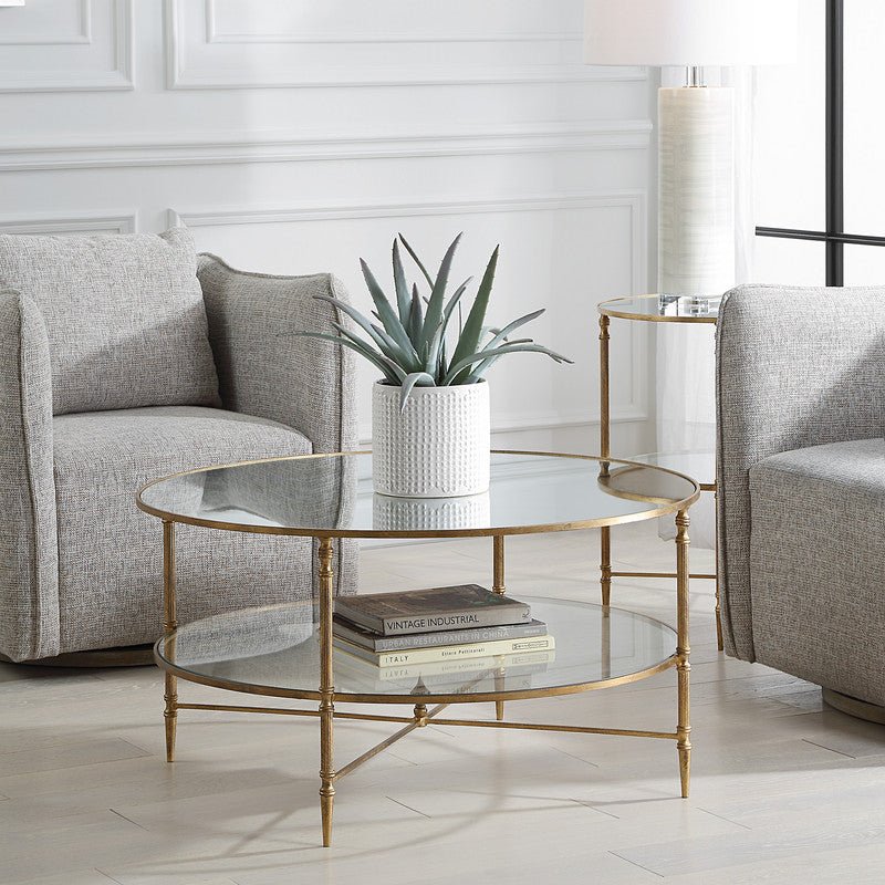 Henzler 91 W x 48 H x 91 D Gold Round Coffee Table with Mirror Top Coffee Tables| Uttermost