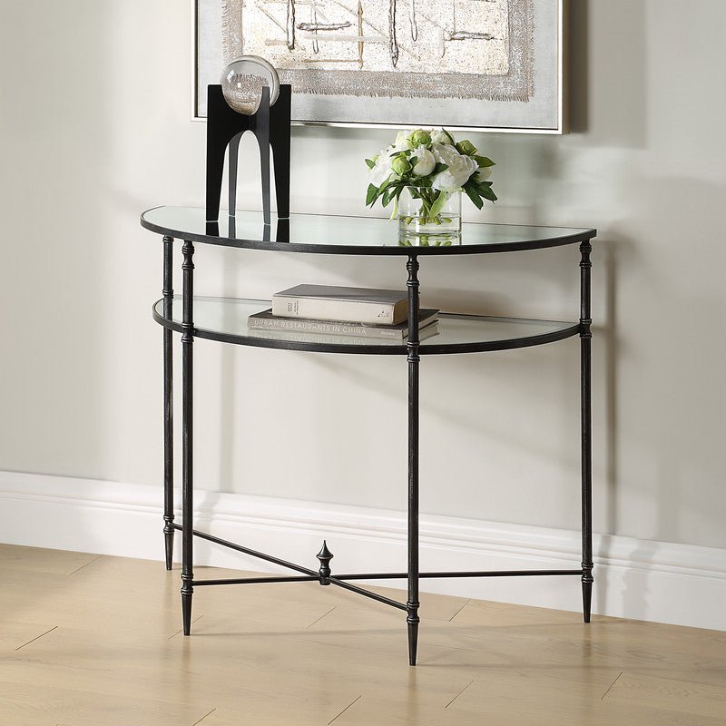 Henzler 91 W x 76 H x 45 D Black Demilune Console Table with Mirror Top Consoles & Sideboards| Uttermost