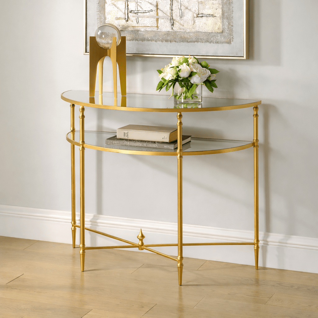Henzler 91 W x 76 H x 45 D Gold Demilune Console Table with Mirror Top Consoles & Sideboards| Uttermost