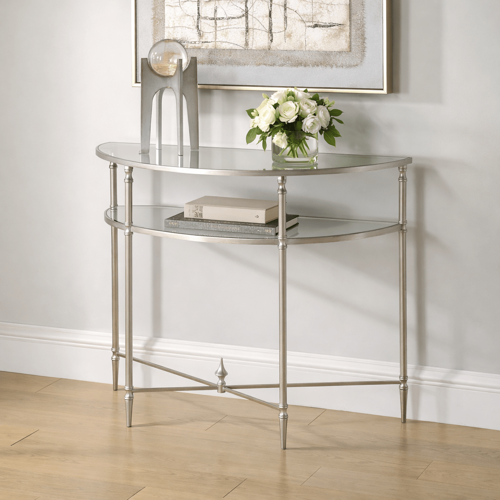 Henzler 91 W x 76 H x 45 D Silver Demilune Console Table with Mirror Top Consoles & Sideboards| Uttermost