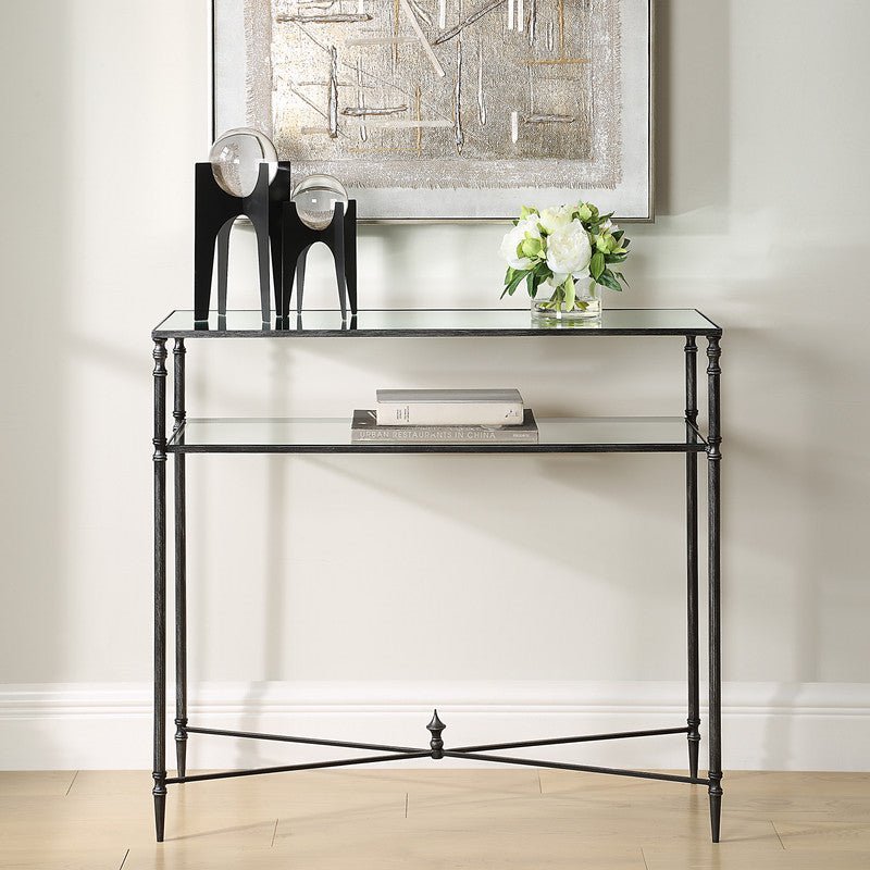 Henzler 91 W x 83 H x 35 D Black Rectangle Console Table with Mirror Top Consoles & Sideboards| Uttermost