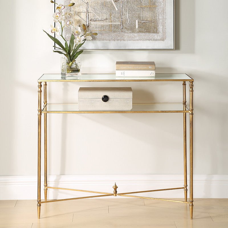 Henzler 91 W x 83 H x 35 D Gold Rectangle Console Table with Mirror Top Consoles & Sideboards| Uttermost
