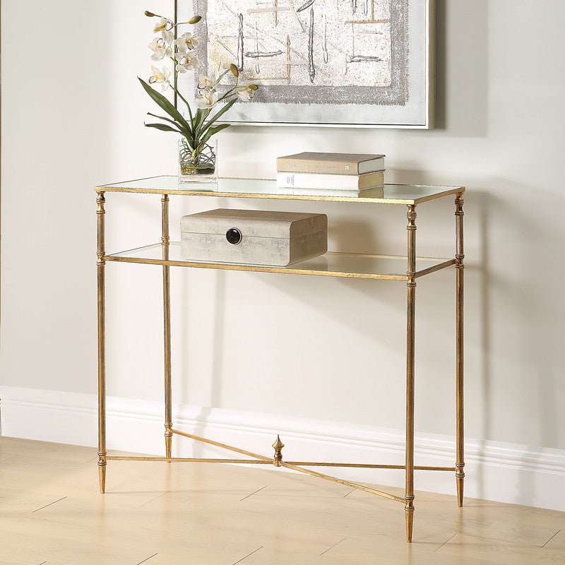 Henzler 91 W x 83 H x 35 D Gold Rectangle Console Table with Mirror Top Consoles & Sideboards| Uttermost