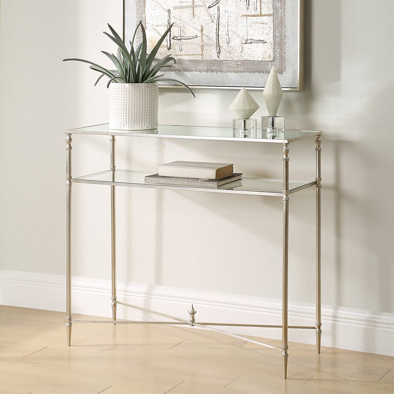 Henzler 91 W x 83 H x 35 D Silver Rectangle Console Table with Mirror Top Consoles & Sideboards| Uttermost