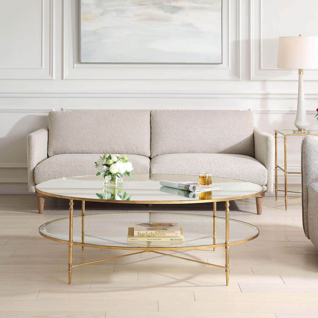 H x 134 D Gold Oval Coffee Table with Mirror Top | Uttermost – Al