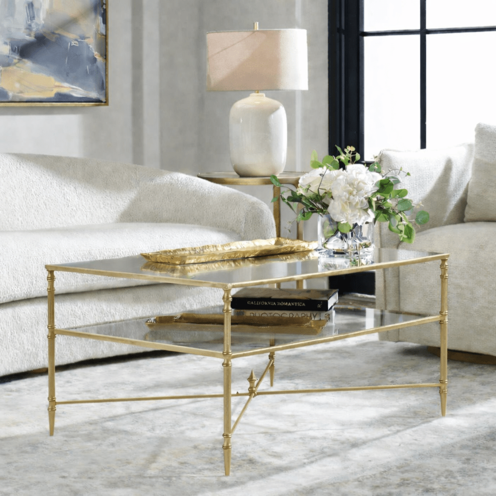 Henzler 95 W x 49 H x 71 D Champagne Rectangle Coffee Table with Mirror Top Coffee Tables| Uttermost