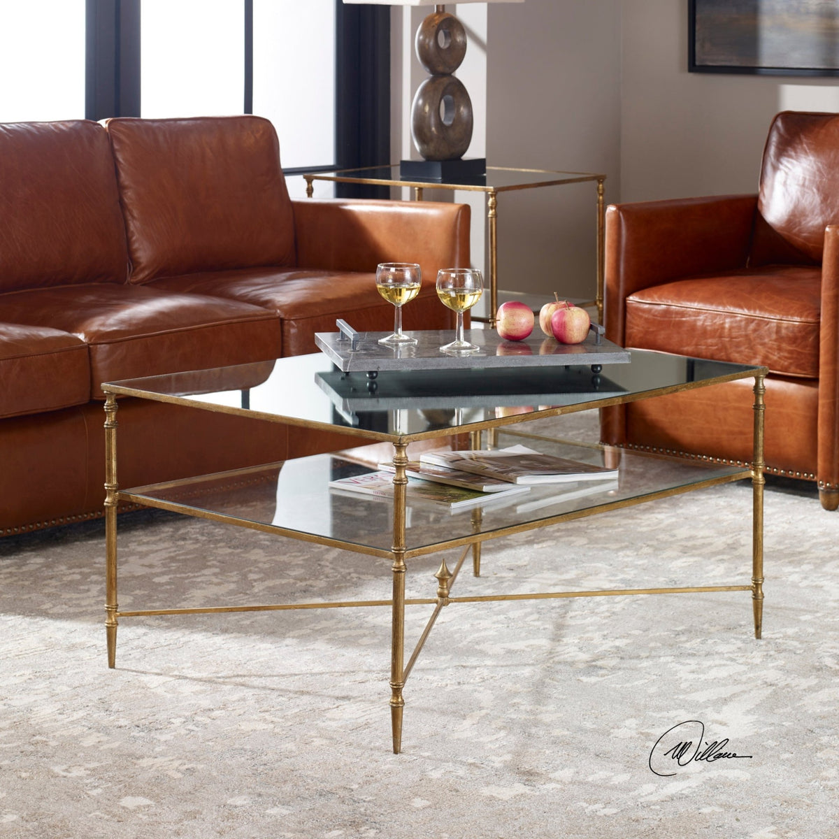 Henzler 95 W x 49 H x 71 D Gold Rectangle Coffee Table with Mirror Top Coffee Tables| Uttermost