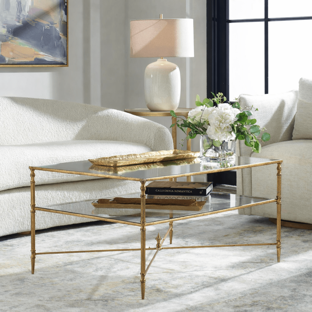 Henzler 95 W x 49 H x 71 D Gold Rectangle Coffee Table with Mirror Top Coffee Tables| Uttermost