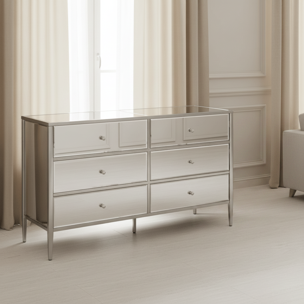Hollywood Nickel and Mirror 6 Drawer Chest Cabinets & Chests| Crestview