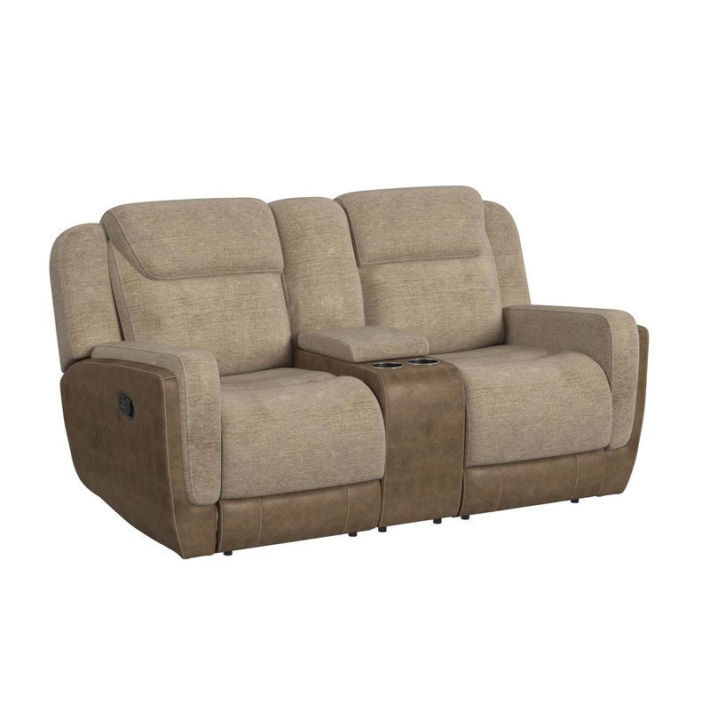 Hornet Motion Loveseat with Console in Rancho Beige Recliners| Roots Furniture