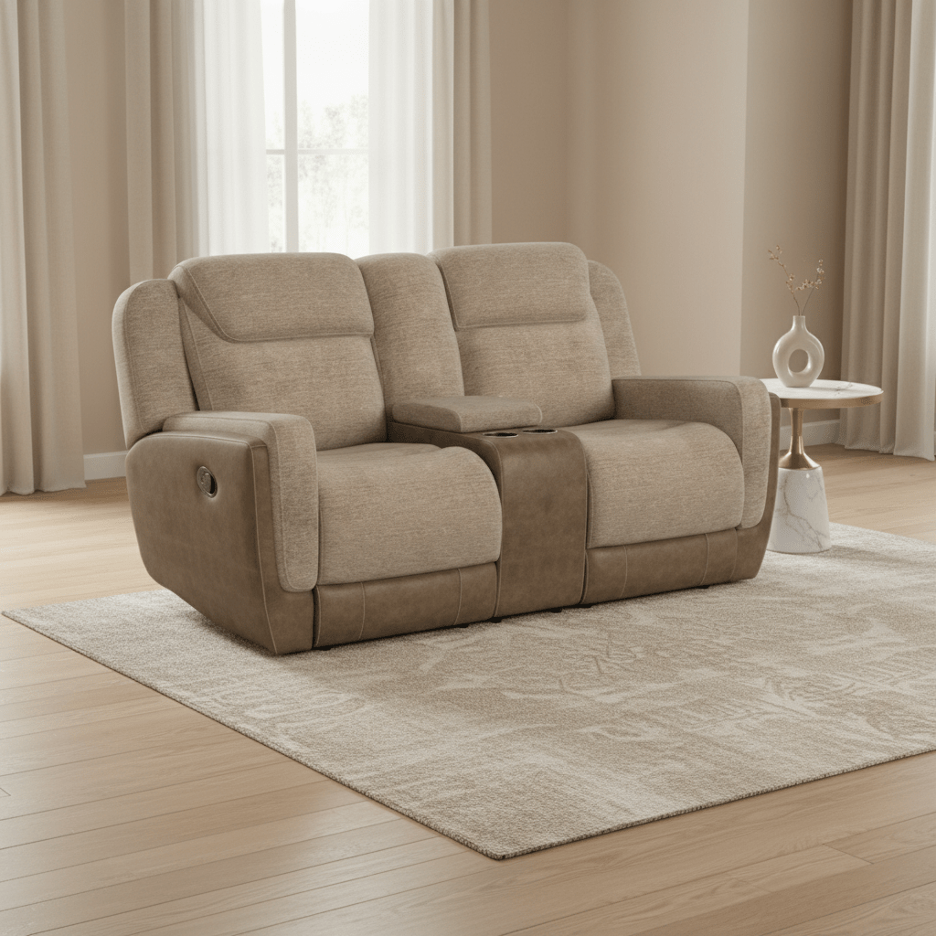 Hornet Motion Loveseat with Console in Rancho Beige Recliners| Roots Furniture