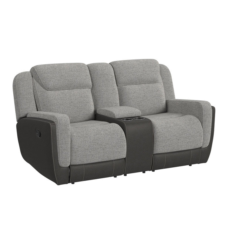 Hornet Motion Loveseat with Console in Rancho Grey Recliners| Roots Furniture