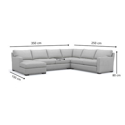 Isla- Sectional Sofa in two corners with a brown cabinet.