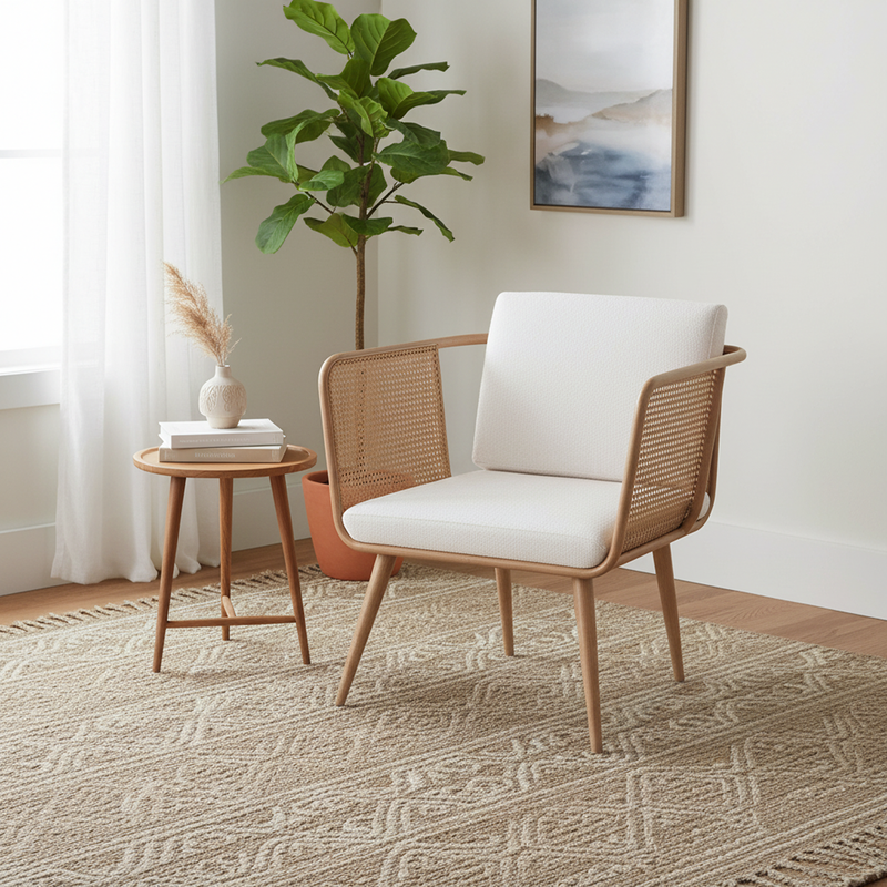 Roma Lounge chair – beige fabric with open rattan arm – Al Rugaib Furniture
