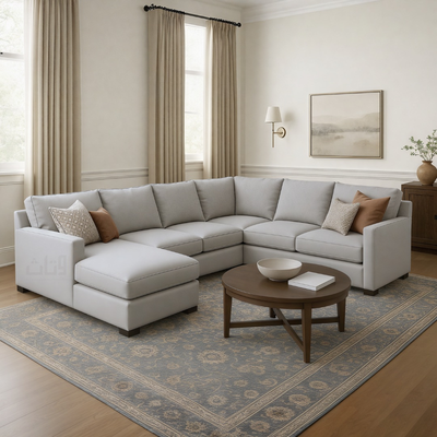 Isla- Sectional Sofa in two corners with a brown cabinet.