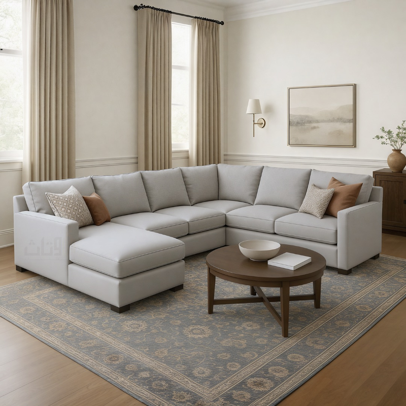 Isla- Sectional Sofa in two corners with a brown cabinet.