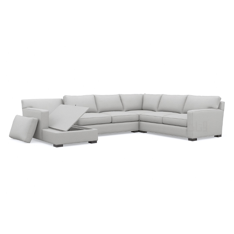 Isla- Sectional Sofa in two corners with a brown cabinet.