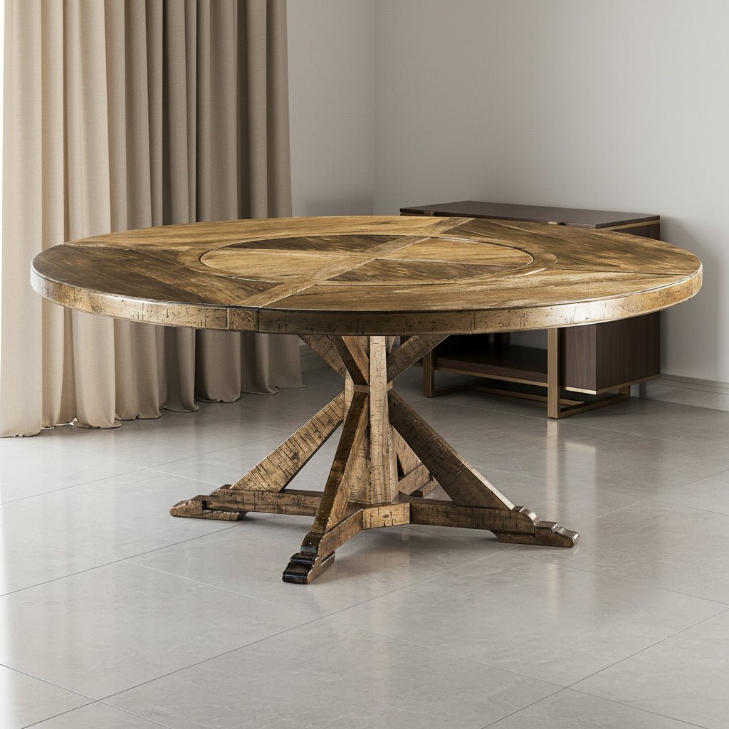 JC Edited - Casually Country Collection - 72" Medium Brown Driftwood Round Dining Table with Inbuilt Lazy Susan Dining Tables| Jonathan Charles