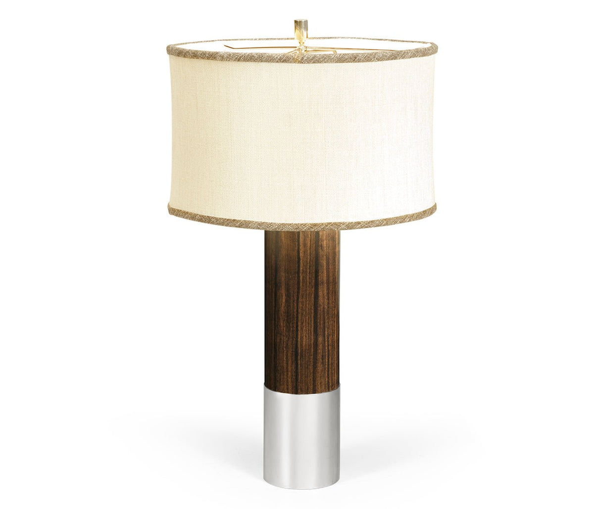 JC Modern - Campaign Collection - Circular Campaign Style Dark Santos Rosewood & White Stainless Steel Table Lamp Accent & End Tables| Jonathan Charles