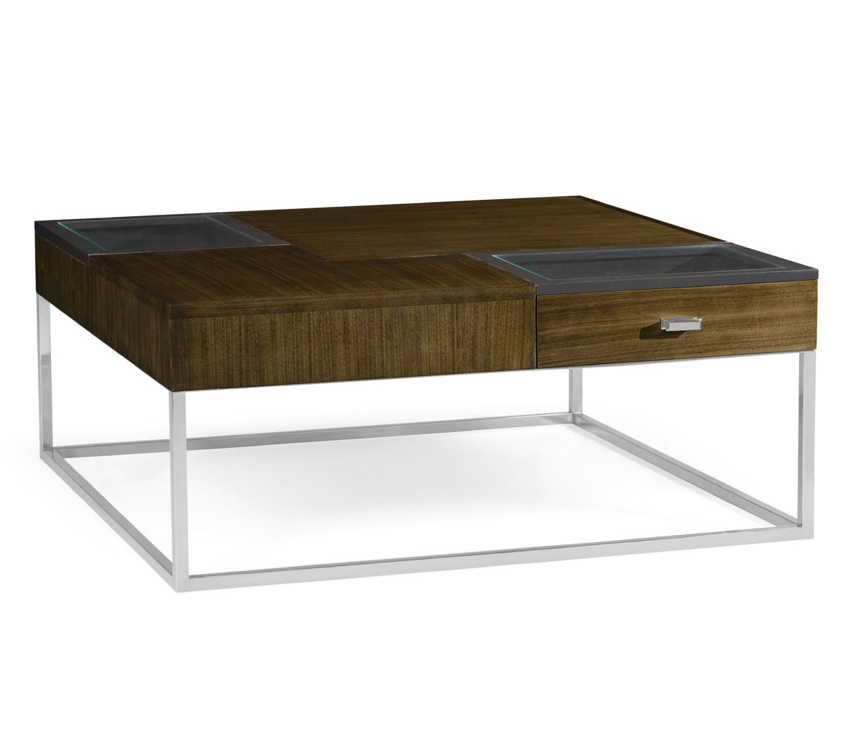 JC Modern - Eclectic Collection - Square Autumn Walnut Coffee Table with Two Glass Top Drawers Coffee Tables| Jonathan Charles