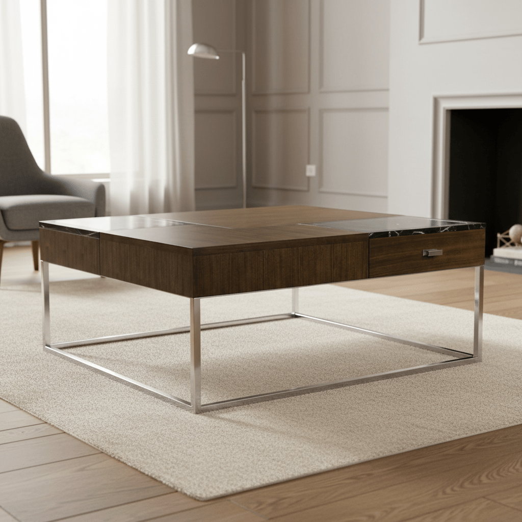 JC Modern - Eclectic Collection - Square Autumn Walnut Coffee Table with Two Glass Top Drawers Coffee Tables| Jonathan Charles