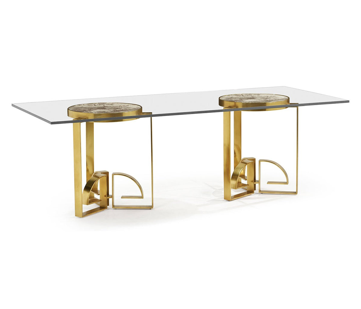 JC Modern - Fusion Collection - 87" Fusion Rectangular Chinoiserie Antique Etched Brass Dining Table with Clear Glass Top Dining Tables| Jonathan Charles
