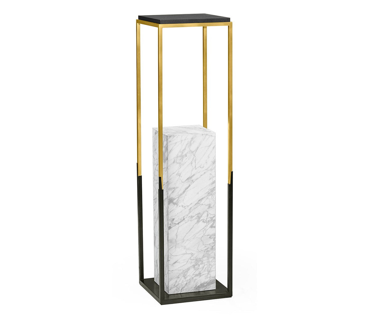 JC Modern - Fusion Collection - Contemporary Square Ebonised Oak & Brass Pedestal with White Calcutta Marble Centre Ground Decors| Jonathan Charles