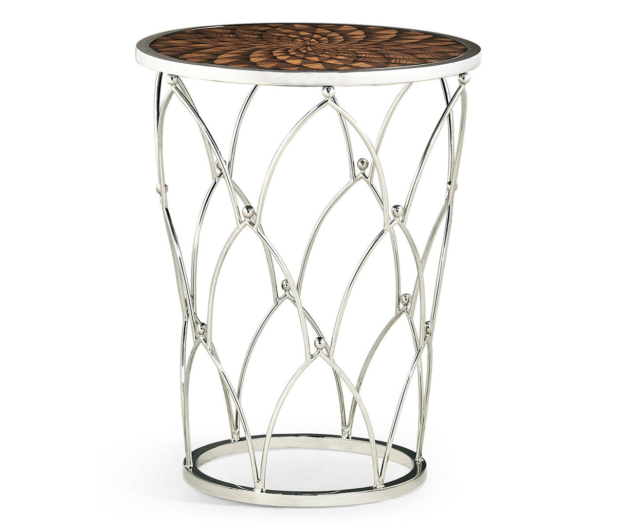 JC Modern - Icarus Collection - Feather Inlay & Stainless Steel Round Side Table Accent & End Tables| Jonathan Charles