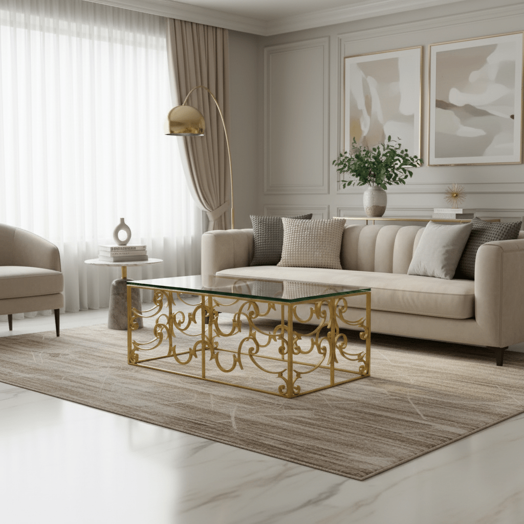 JC Modern - Luxe Collection - Rectangular Arabesque Gilded Iron Coffee Table with 20mm Clear Glass Top Coffee Tables| Jonathan Charles