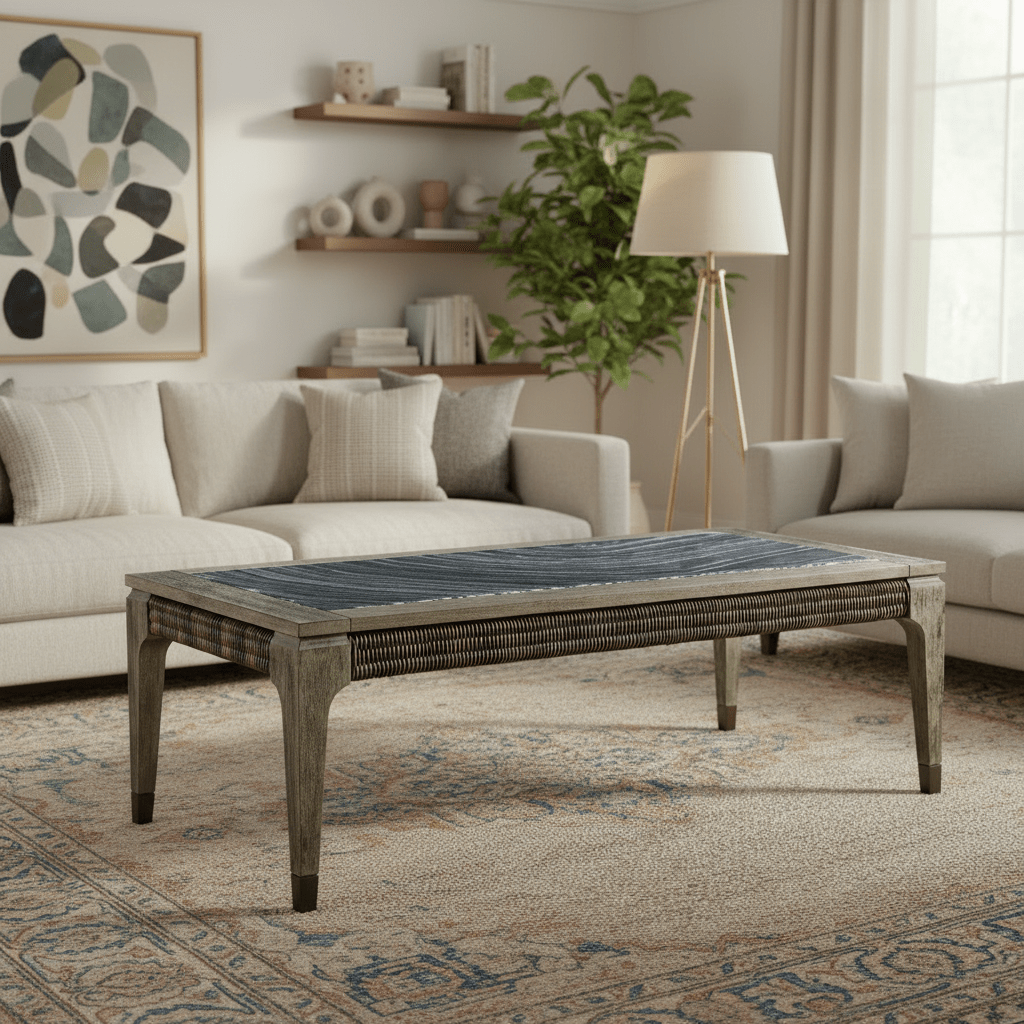 JC Outdoor - Hampton Collection - Rectangular Grey & Rattan Coffee Table with a Black Marble Top Coffee Tables| Jonathan Charles