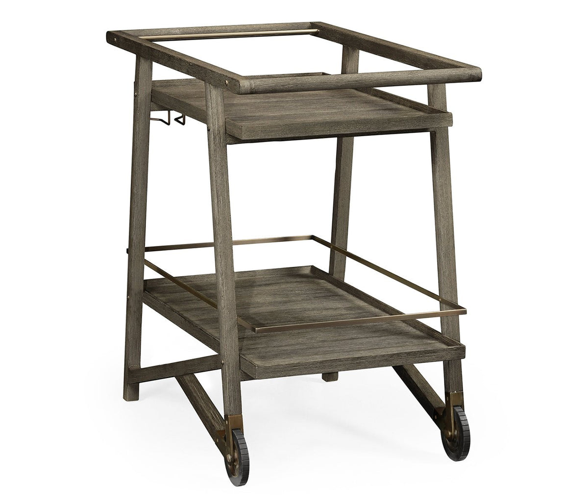 JC Outdoor - Hampton Collection - Tiered Grey & Antique Brass Bar Cart with Wheels Ground Decors| Jonathan Charles
