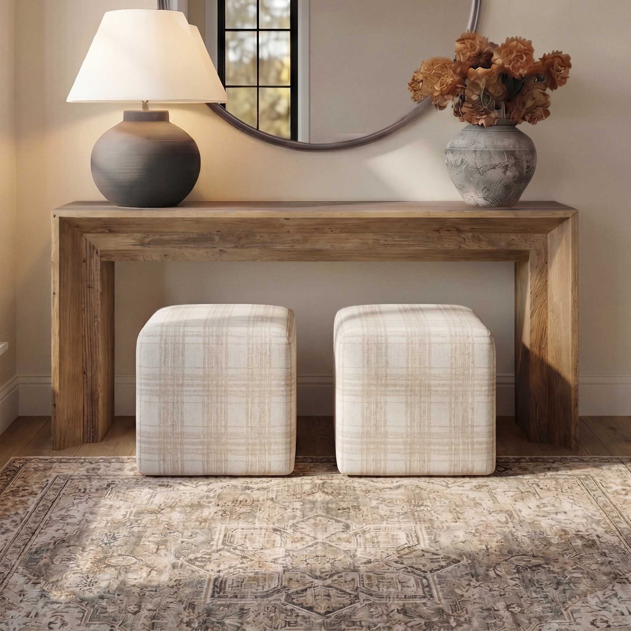 Joie Porcelain Plaid Ottoman Ottomans| Uttermost