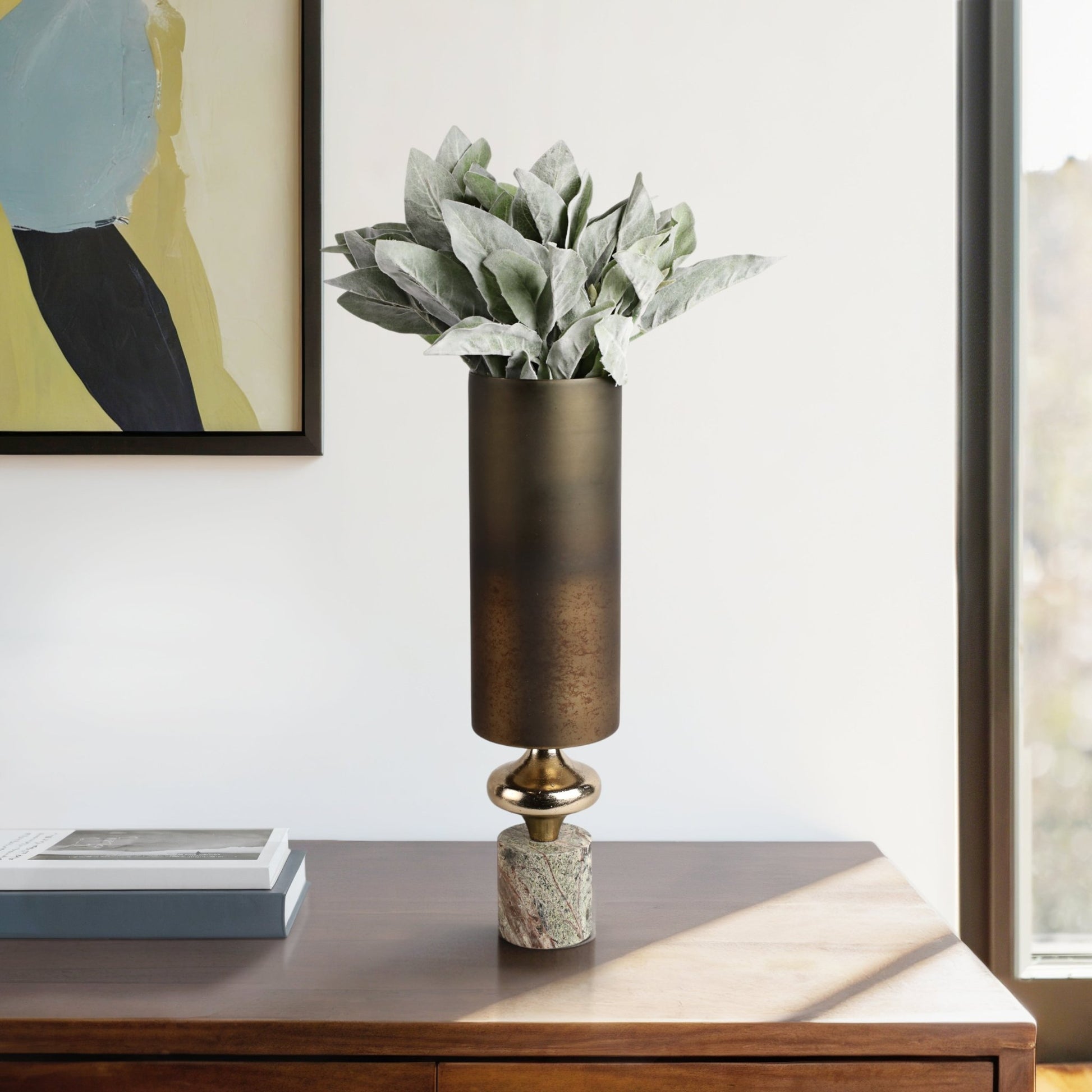 Kano Glass Hurricane W/stone Base, Green Vases and Jars| Sagebrook Home